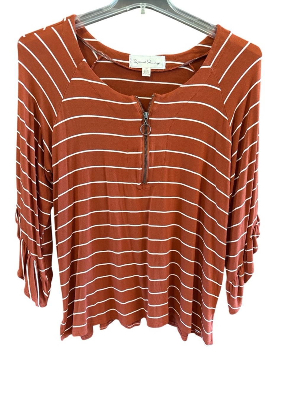 French Laundry Rust and White Striped Zip-Front Long Sleeve Top